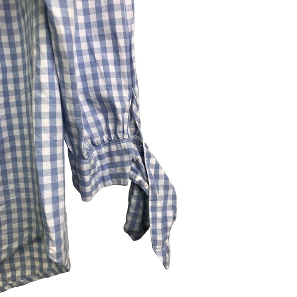 No Comment Blouse Womens Sz M Blue Gingham Check Off The Shoulder Top Sleeve Tie - Picture 6 of 9